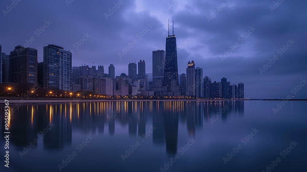 Obraz premium Twilight in Chicago: Skyscrapers and Evening Reflections