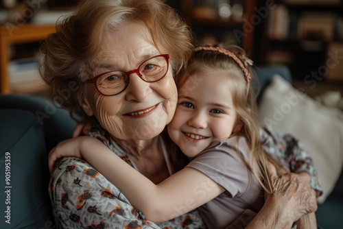 Senior Woman and Young Girl Sharing a Loving Hug on Couch