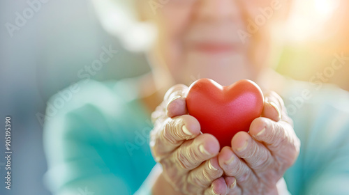 A gentle elderly woman holds a red heart symbolizing love and care, showcasing warmth and compassion in her hands. photo