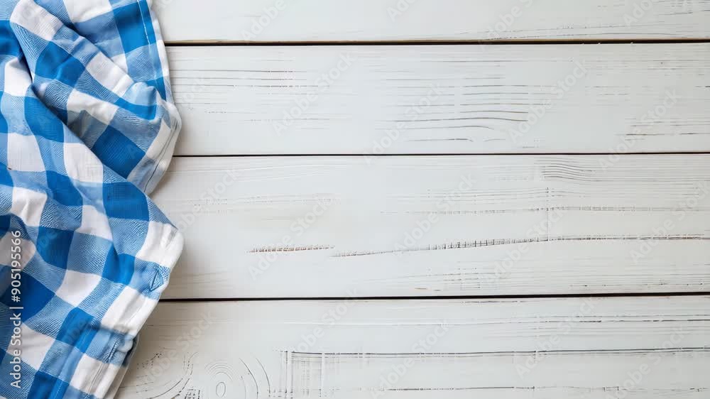 Blue checkered cloth on wooden table in kitchen setting