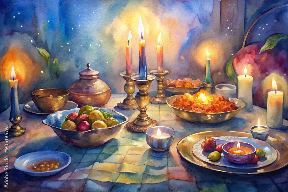 Cozy dinner table setting with traditional Indian dishes, stainless steel utensils, and a centerpiece of diyas, surrounded by warm lighting and elegant decorations. Cozy dinner table setting with traditional Indian dishes, stainless steel utensils, and a centerpiece of diyas, surrounded by warm lighting and elegant decorations.