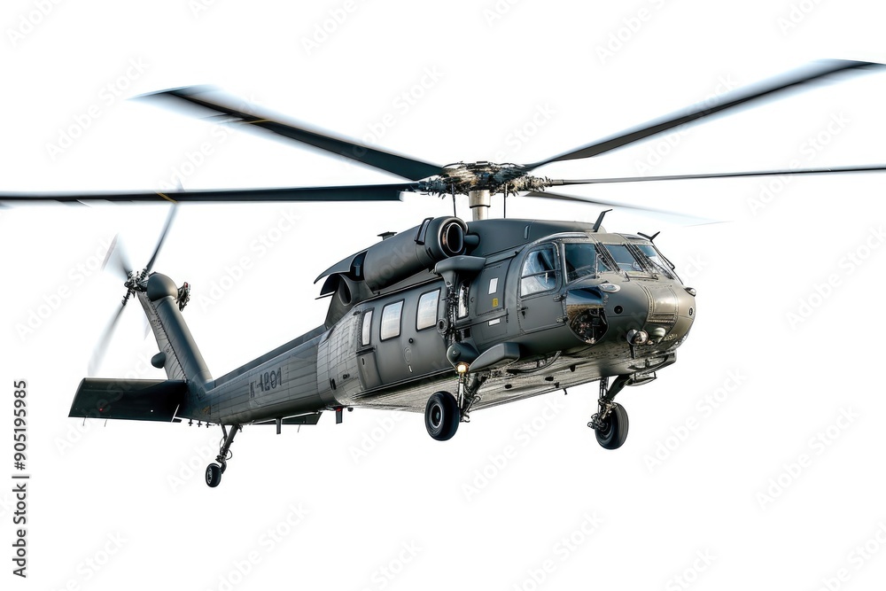 Army Chopper in Mid-Flight Over White Backdrop Army Chopper in Mid-Flight Over White Backdrop