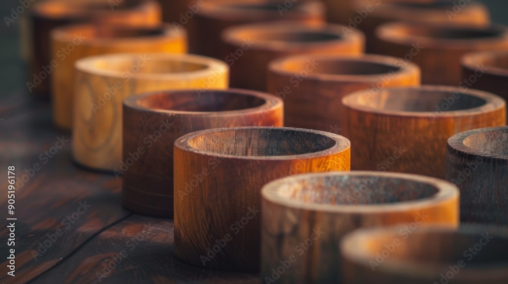 Wooden bowls in various shades on a wooden surface Wooden bowls in various shades on a wooden surface