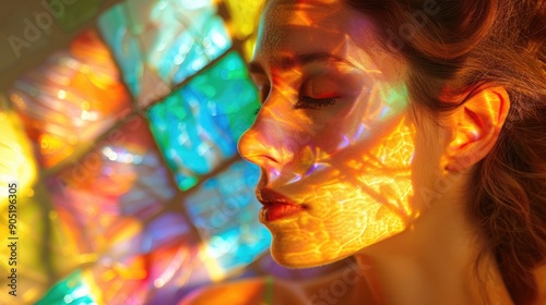 Serene scene of a woman in contemplation, with colorful stained glass sunbeams creating a radiant glow.