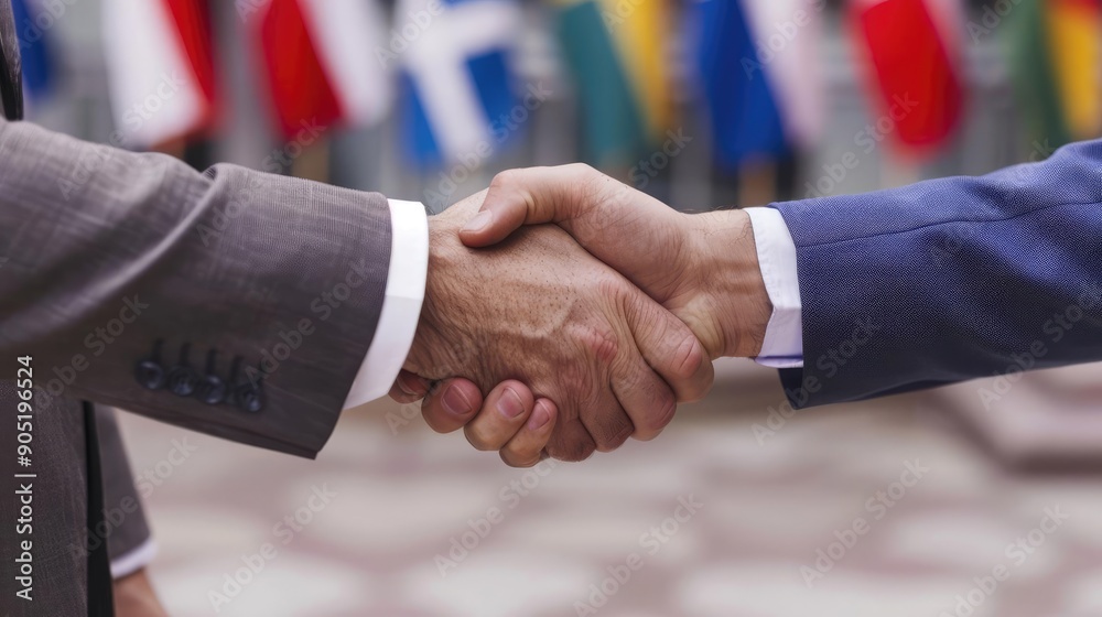Businessmen shaking hands over a contract with international flags in the background, trade agreement, global partnership Businessmen shaking hands over a contract with international flags in the background, trade agreement, global partnership