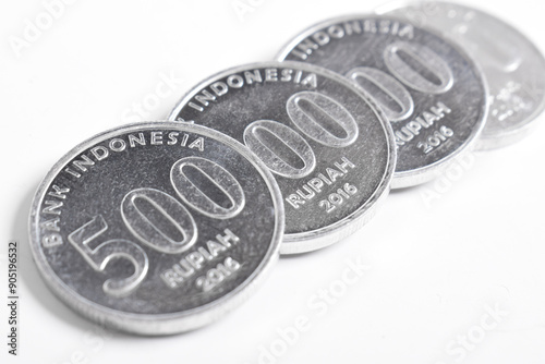 Silver coins isolated on white background. Indonesian rupiah coin isolated. 500 rupiah coin. metal money