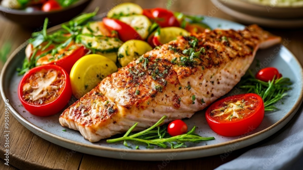 Deliciously grilled fish with fresh summer vegetables Deliciously grilled fish with fresh summer vegetables