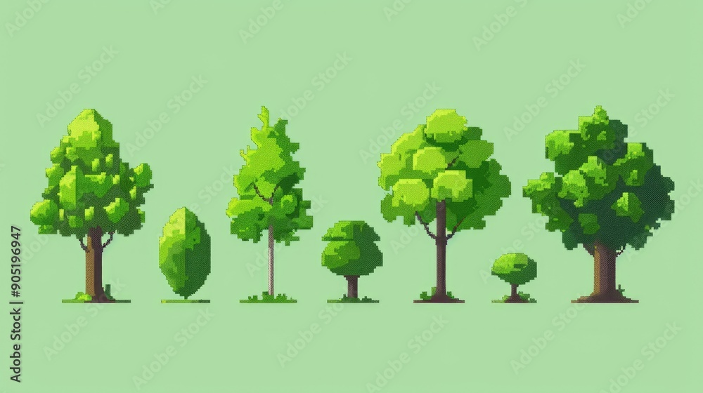 Fototapeta premium Set of pixel art trees in vibrant green, styled in nostalgic 8-bit graphics, capturing minimalist natural beauty.