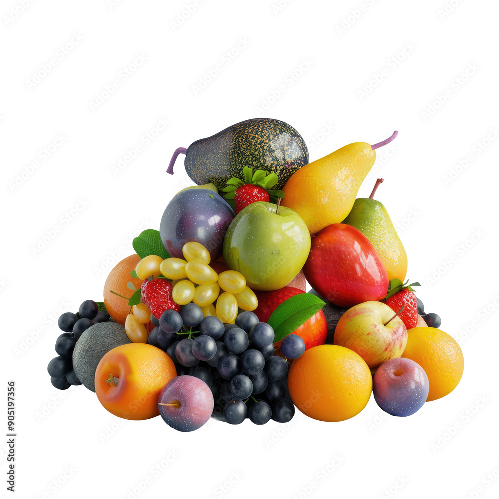 Pile of fruit on transparent background representing healthy eating and dieting habits.