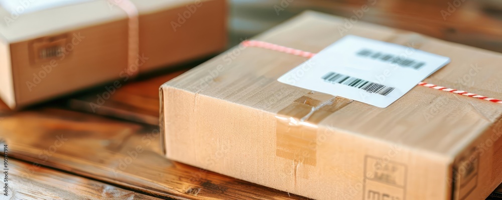 Parcel with international shipping labels ready for delivery, package logistics, global mail Parcel with international shipping labels ready for delivery, package logistics, global mail