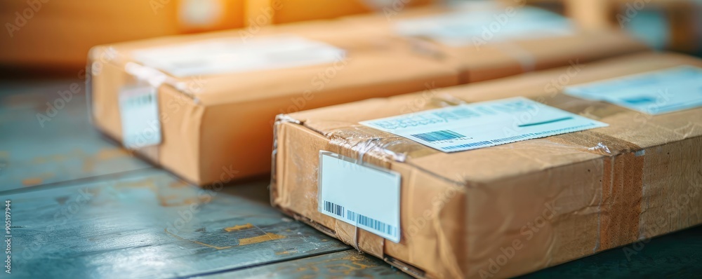 Obraz premium Parcel with international shipping labels ready for delivery, package logistics, global mail
