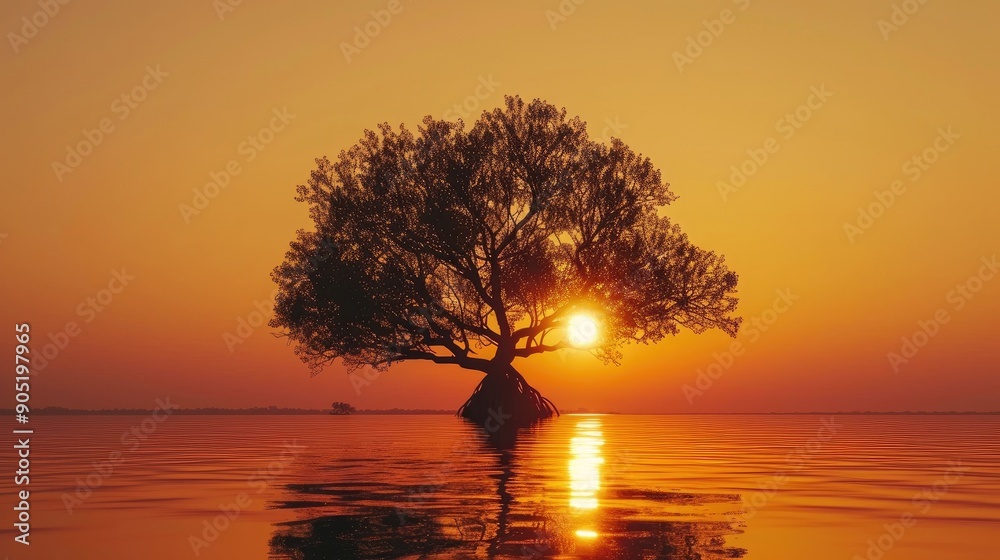 Golden Hour Mangrove Tree Silhouette Scene Golden Hour Mangrove Tree Silhouette Scene