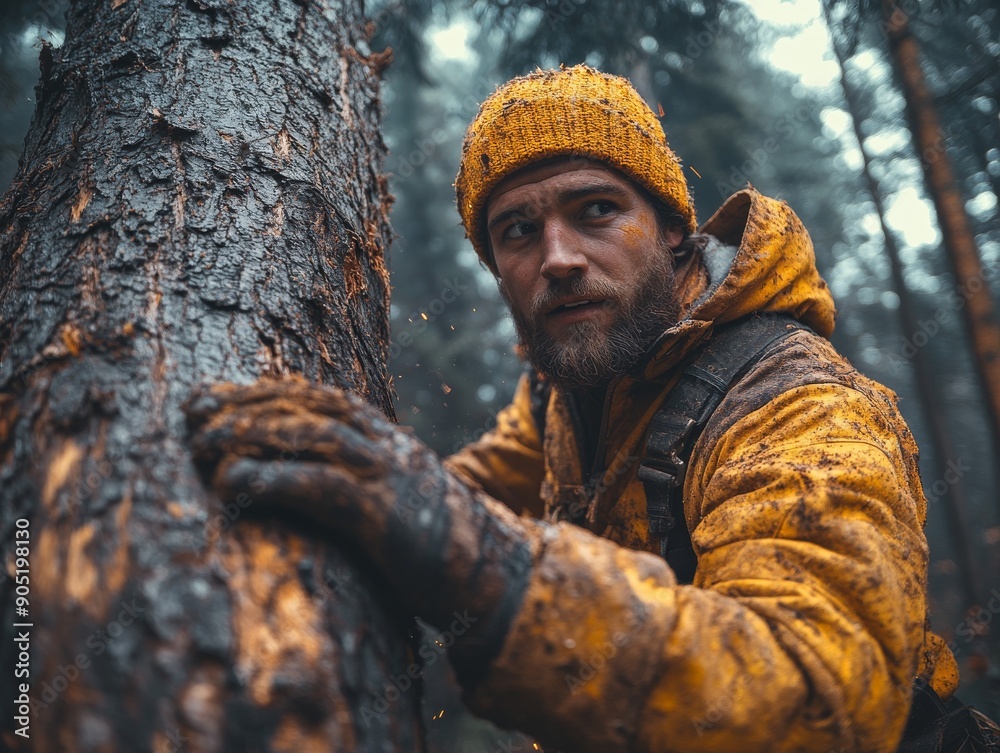 Fototapeta premium Lumberjack in Action Felling a Tree