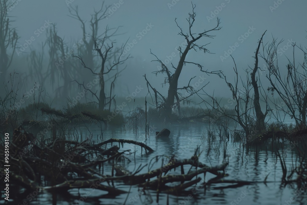 Foggy Swamp with Dead Trees and Branches Foggy Swamp with Dead Trees and Branches