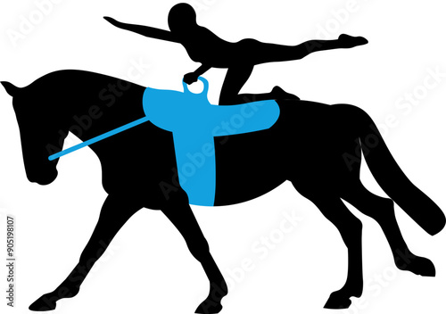  Black silhouette representing equestrian vaulting. A horse rider performs gymnastic movements on horseback while the horse is galloping. Scalable, svg for the web.
