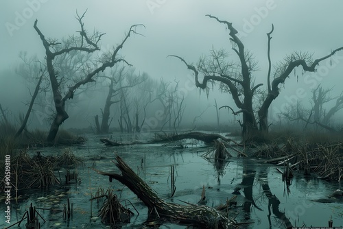 Eerie Fog-Shrouded Swamp with Silhouetted Trees and Fallen Logs