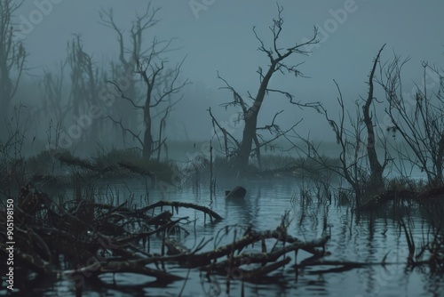 Foggy Swamp with Dead Trees and Branches