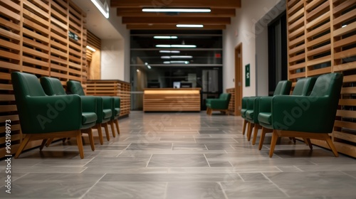 A reception area showcasing green leather chairs, modern wooden paneling, grey tiled flooring, and a welcoming ambian ce with warm recessed lighting.