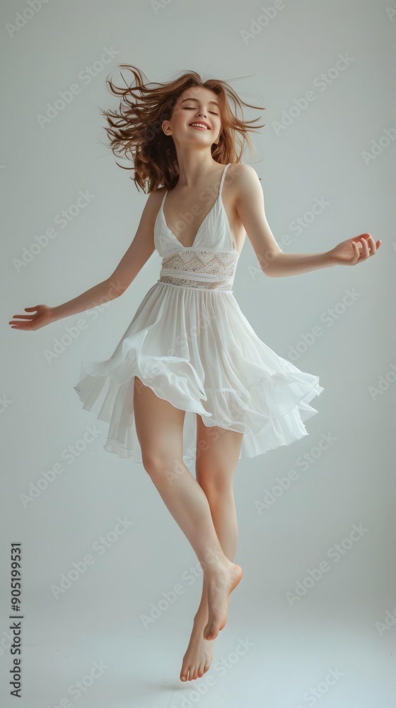 A barefoot woman in a white dress is dancing happily A barefoot woman in a white dress is dancing happily