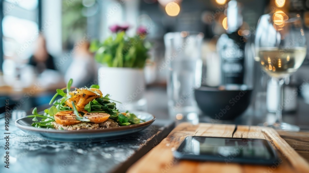 A beautifully arranged gourmet salad on a sleek plate, accompanied by a glass of white wine, set on a modern and inviting restaurant table setting with vibrant decor.