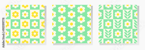 Yellow and white flowers and green leaves on checkered background. Vector seamless patterns collection in soft retro pastel colors.