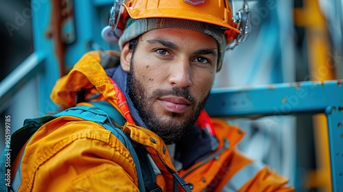 A construction worker wearing bright orange gear and a helmet is posing confidently at a construction site. The site is equipped with scaffolding and structural elements. photo