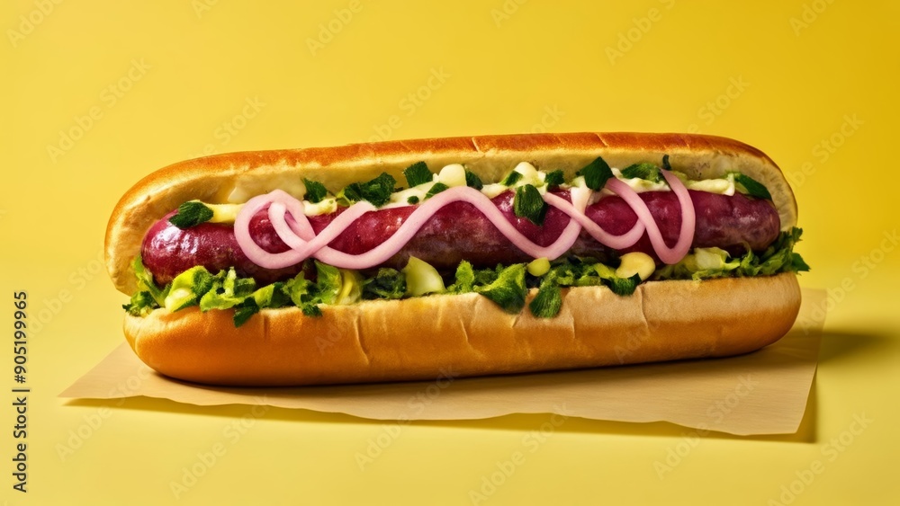  Deliciously loaded hot dog ready to be savored