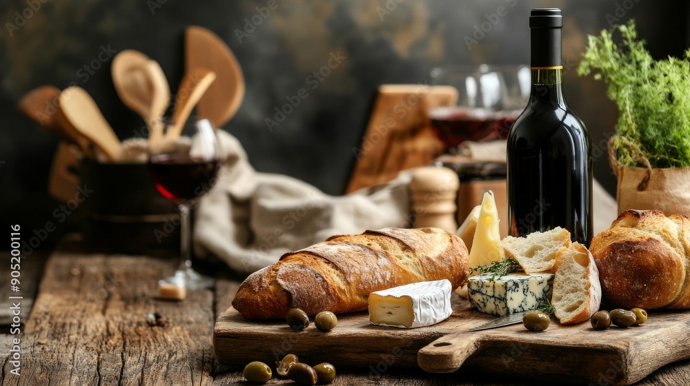 Rustic Wooden Table with Freshly Baked Bread, Cheese, Olives, and Red Wine in a Cozy Kitchen Setting, Emphasizing Comfort and Gourmet Dining Rustic Wooden Table with Freshly Baked Bread, Cheese, Olives, and Red Wine in a Cozy Kitchen Setting, Emphasizing Comfort and Gourmet Dining