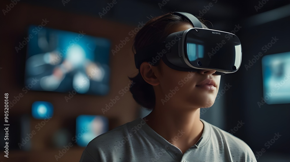 Virtual reality headset with a person exploring a digital world
Virtual reality headset with a person exploring a digital world