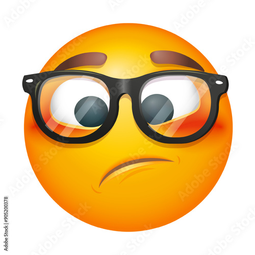 Buffled emoji in eyeglasses. Surprised emoticon on white background. Cute emoticon