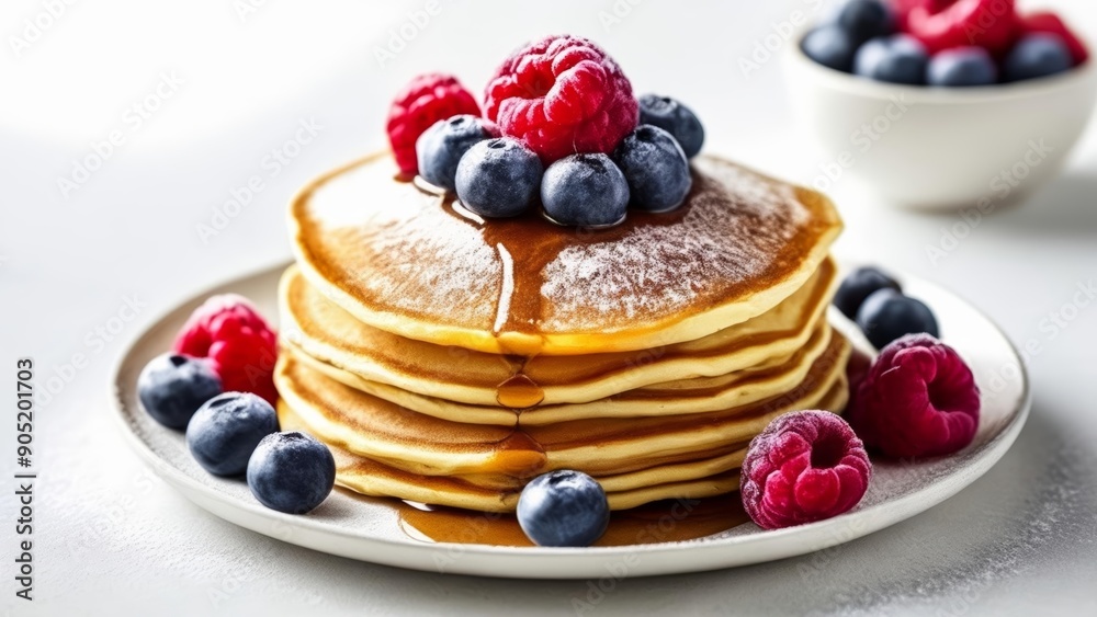 Deliciously stacked pancakes with fresh berries and syrup ready to be enjoyed Deliciously stacked pancakes with fresh berries and syrup ready to be enjoyed
