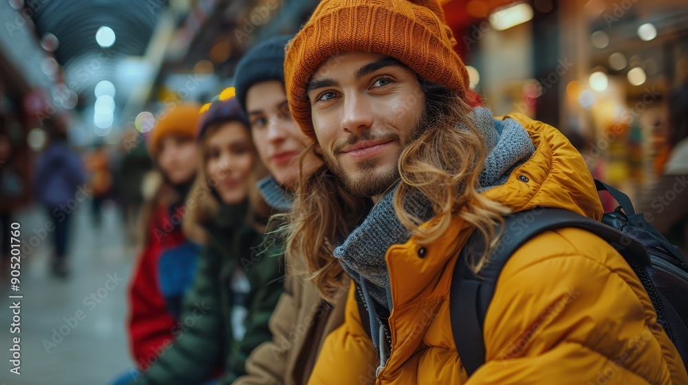 A group of young friends dressed in warm winter attire, sitting together and smiling in an urban setting, enjoying the cold weather and lively city atmosphere. A group of young friends dressed in warm winter attire, sitting together and smiling in an urban setting, enjoying the cold weather and lively city atmosphere.