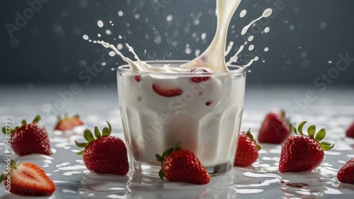 Milk in a glass with fresh strawberries around