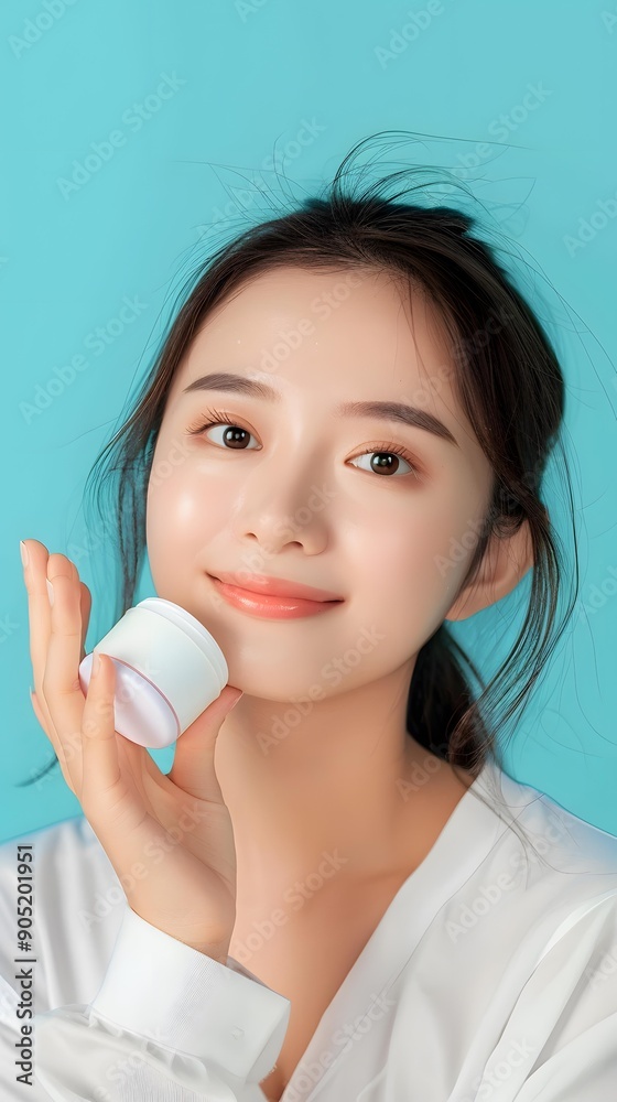 Smiling Asian Woman Holding Jar of Moisturizer Smiling Asian Woman Holding Jar of Moisturizer