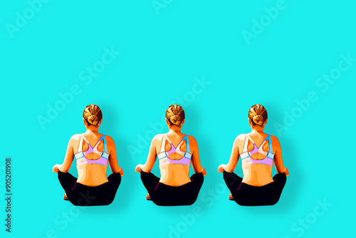 An illustration of three young women meditating in a yoga pose, isolated on a turquoise background, promoting well-being and mindfulness, with copy space