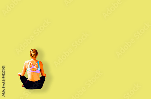 Illustration of a young woman meditating in a yoga pose, isolated on a yellow background, promoting well-being and awareness, with copy space