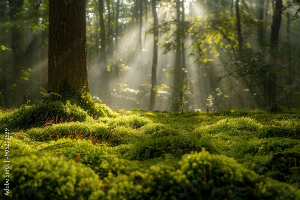 Obraz premium Sunbeams Shining Through a Mossy Forest Floor