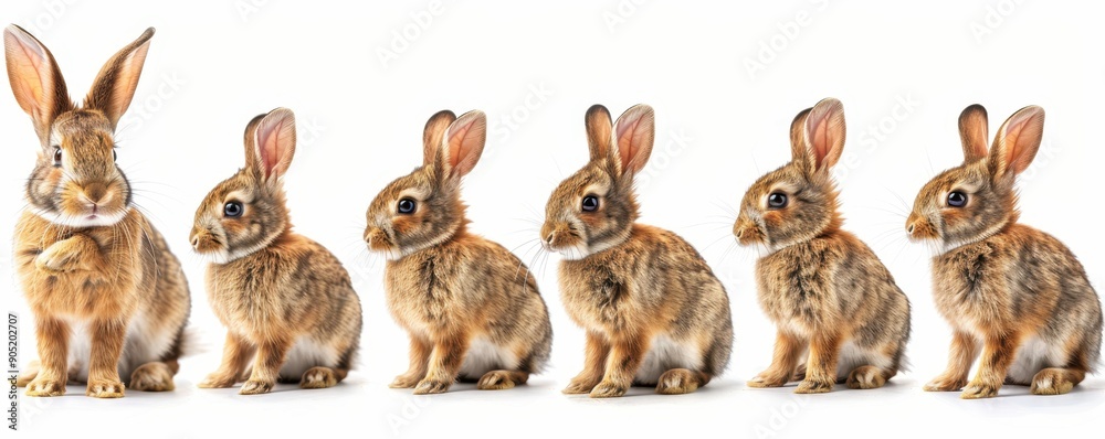 6 different poses of rabbits standing up, white background, full body ...