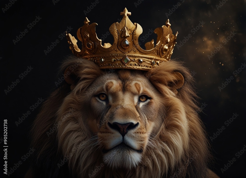 Lion king in a golden crown on a dark background Lion king in a golden crown on a dark background
