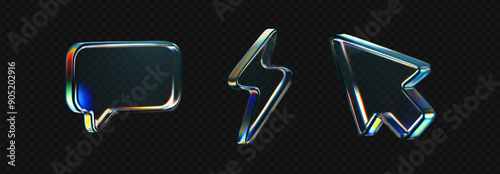3d glass icon - arrow, speech bubble, lightning with refraction and holographic effect isolated on dark. Render transparent glass figure with dispersion light, rainbow gradient. 3d vector morphism