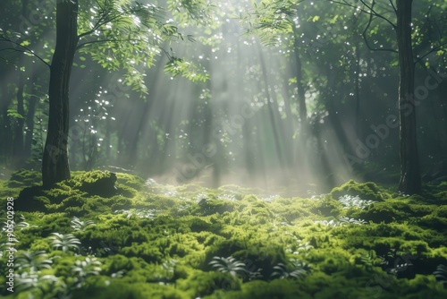 Sunbeams Illuminating a Mossy Forest Floor