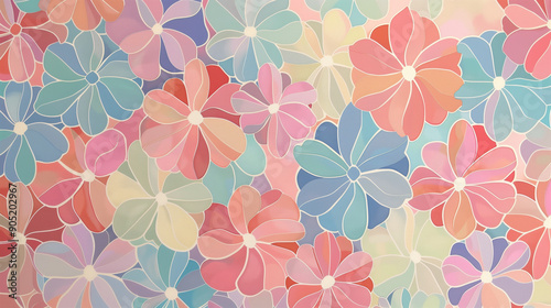 Motif géométrique abstrait pastels inspiré des 90s avec fleurs aux bords blancs, pour arrière-plan, papier peint, création graphique ou impression textile