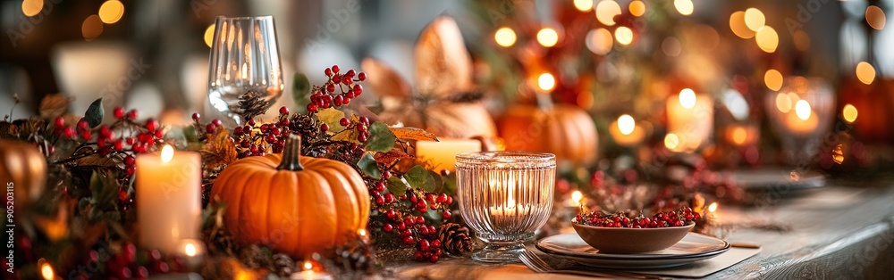 Cozy Autumn-Themed Dinner Table with Seasonal Decorations Cozy Autumn-Themed Dinner Table with Seasonal Decorations