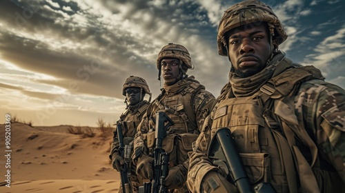 Squad of Three Fully Equipped and Armed Soldiers Standing on Hill in Desert Environment in Sunset Light