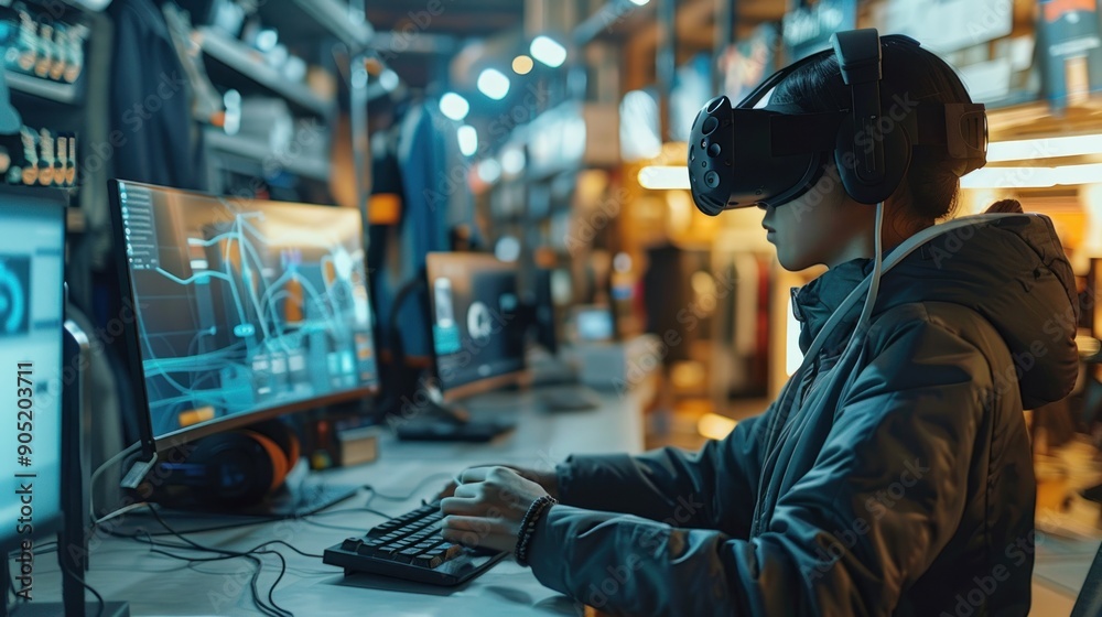 High-tech office with holographic display, VR headset and advanced robots High-tech office with holographic display, VR headset and advanced robots