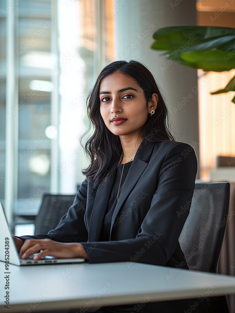 A young and ambitious South Asian businesswoman in a contemporary office, working on a laptop in a modern office, female executive or manager A young and ambitious South Asian businesswoman in a contemporary office, working on a laptop in a modern office, female executive or manager