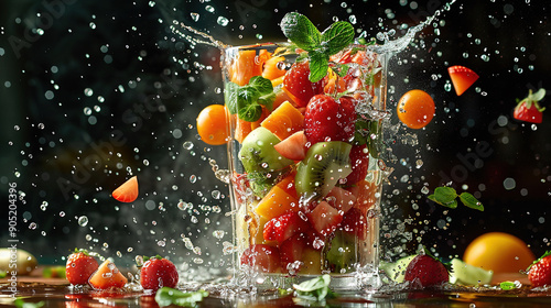 Fresh tropical fruits in a jar with sparkling and splashing water, healthy food idea.