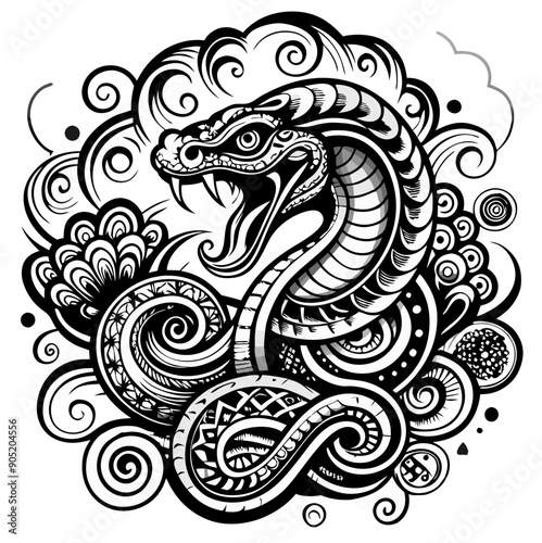 Graphic Image of a Cobra Snake in Attack Position, Tattoo Style