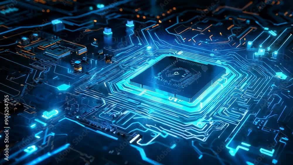 Glowing blue circuit board with microchip close-up animation
