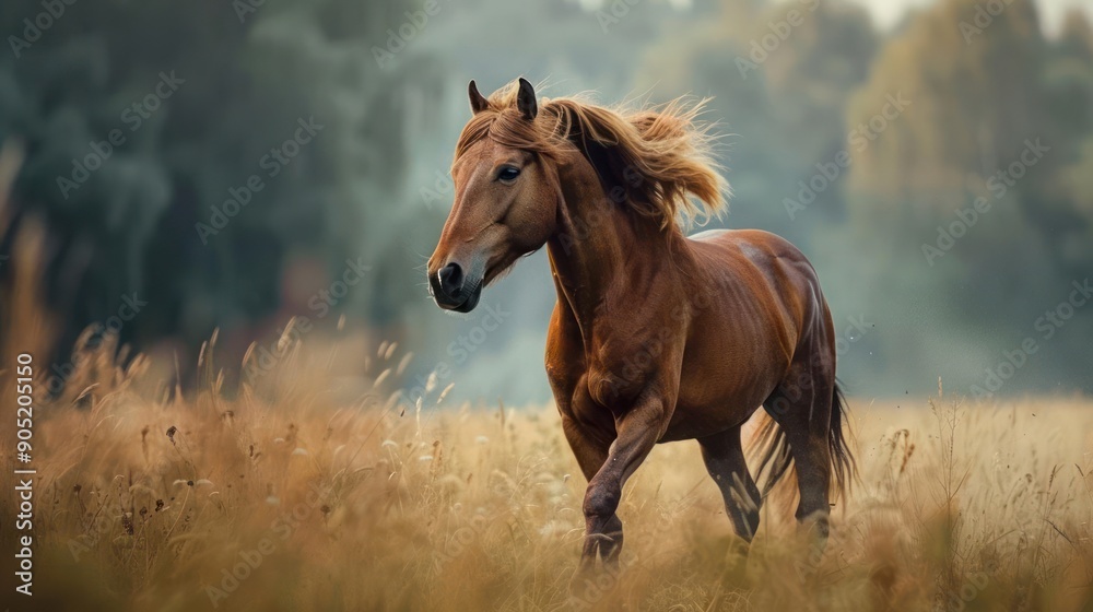 Obraz premium a horse running through a field of tall grass